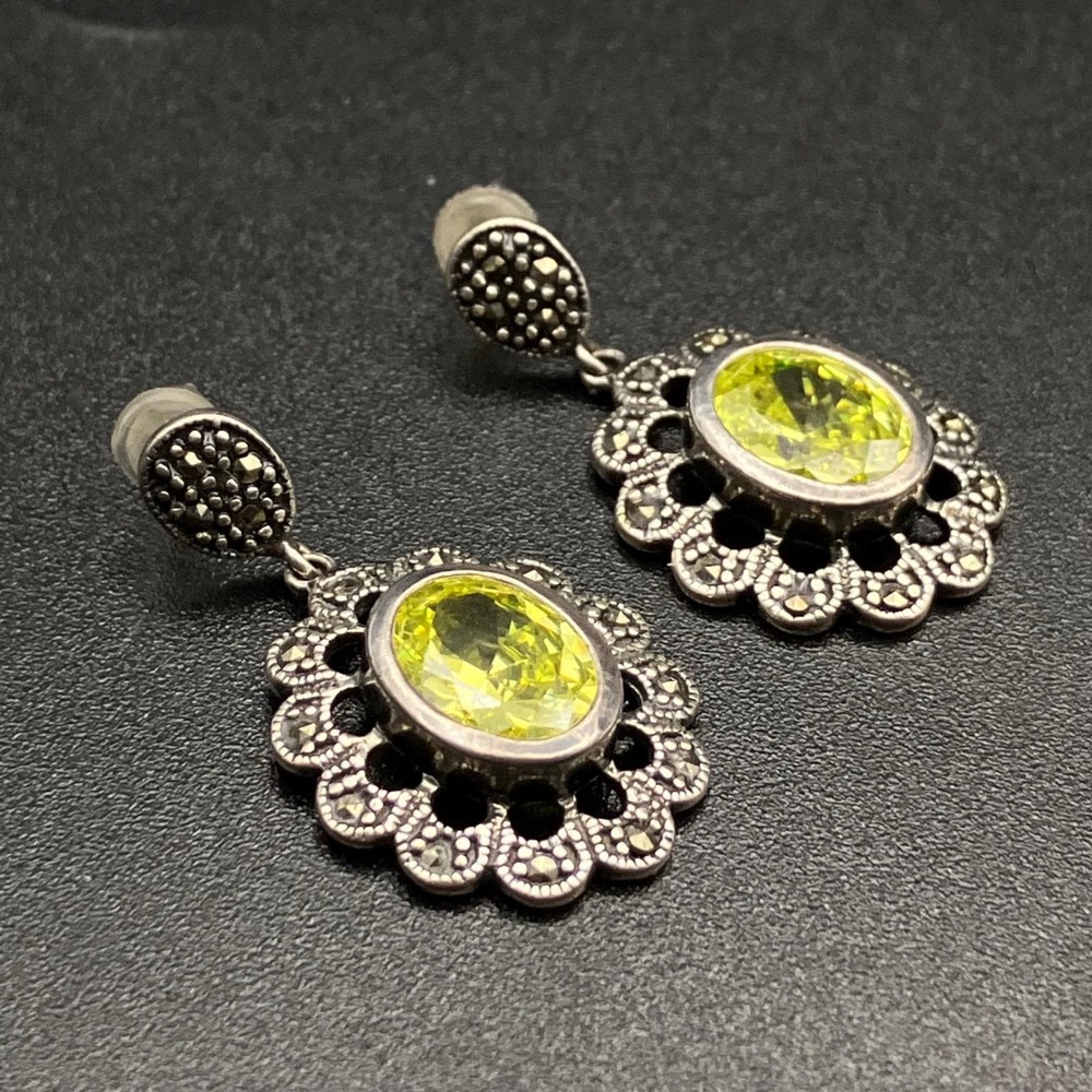 Sterling Silver Earrings Green Stone Marcasite Drop 1.125" - Picture 2 of 10